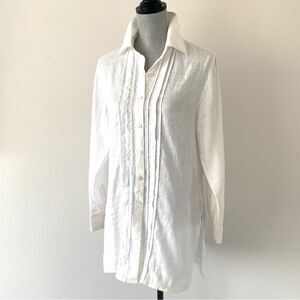 CAbi Tunic Blouse Sz S White Linen Button Down Long Sleeve Coastal Vacation